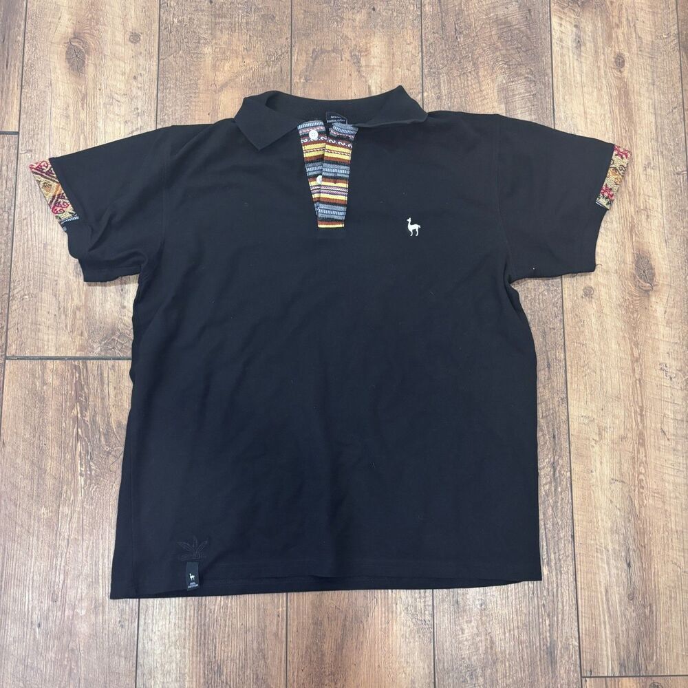 Illari Souvenirs Large Black Peruvian Woven Trim Short Sleeve Polo 100% Cotton - Picture 1 of 6